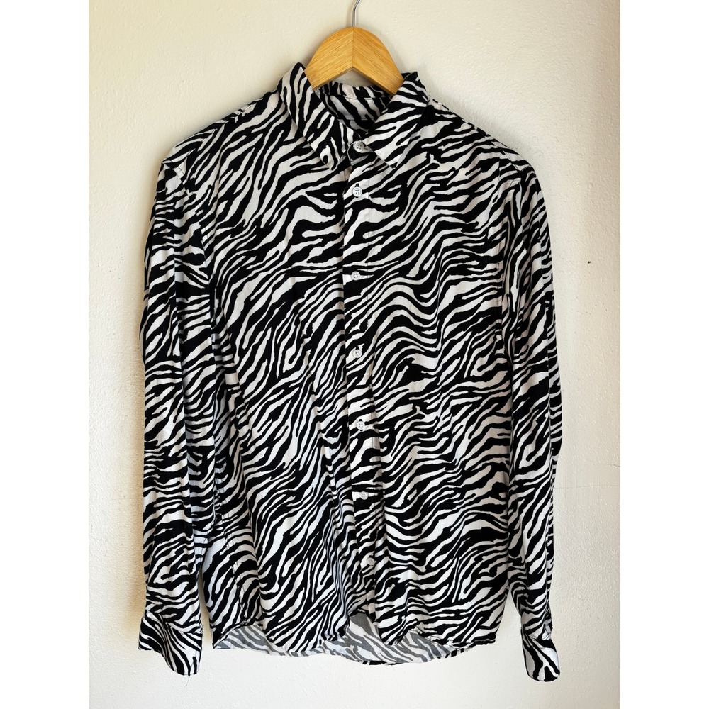 HM Womens Zebra Print Button Up Shirt Black White‎ Lyocell Long Sleeve Medium